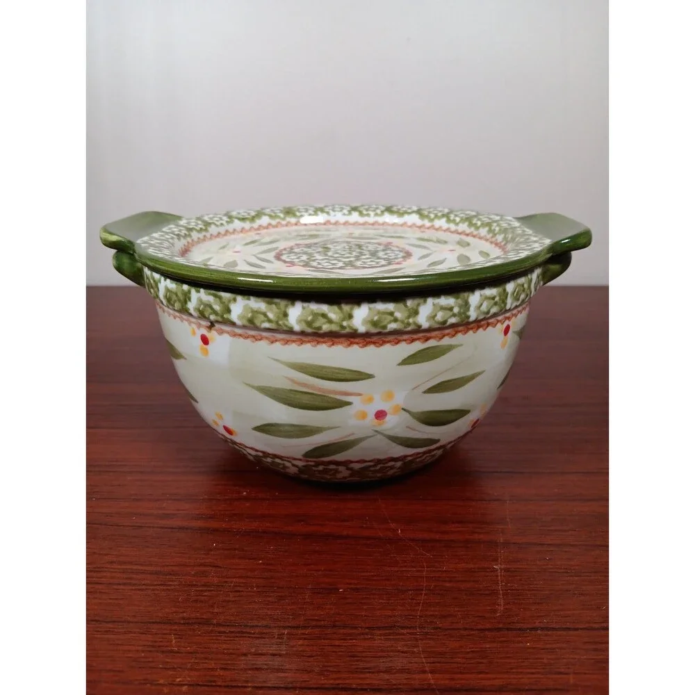 Temp-Tations Old World 1 Quart Serving Mixing Bowl With Lid Green EUC